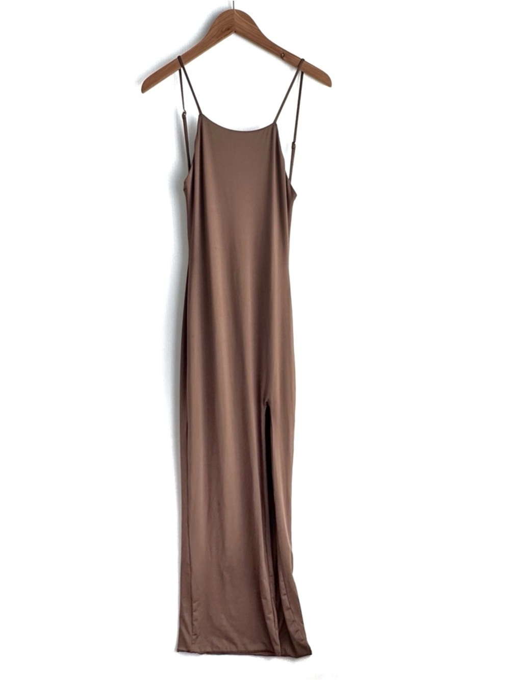 Sleek Brown Slip Maxi Dress with Side Slit - Picture 2 of 9